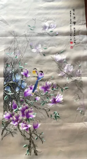 171218 Delicate Hand Suzhou Embroidery Art:magnlia birds flower cranes bamboo 100cm