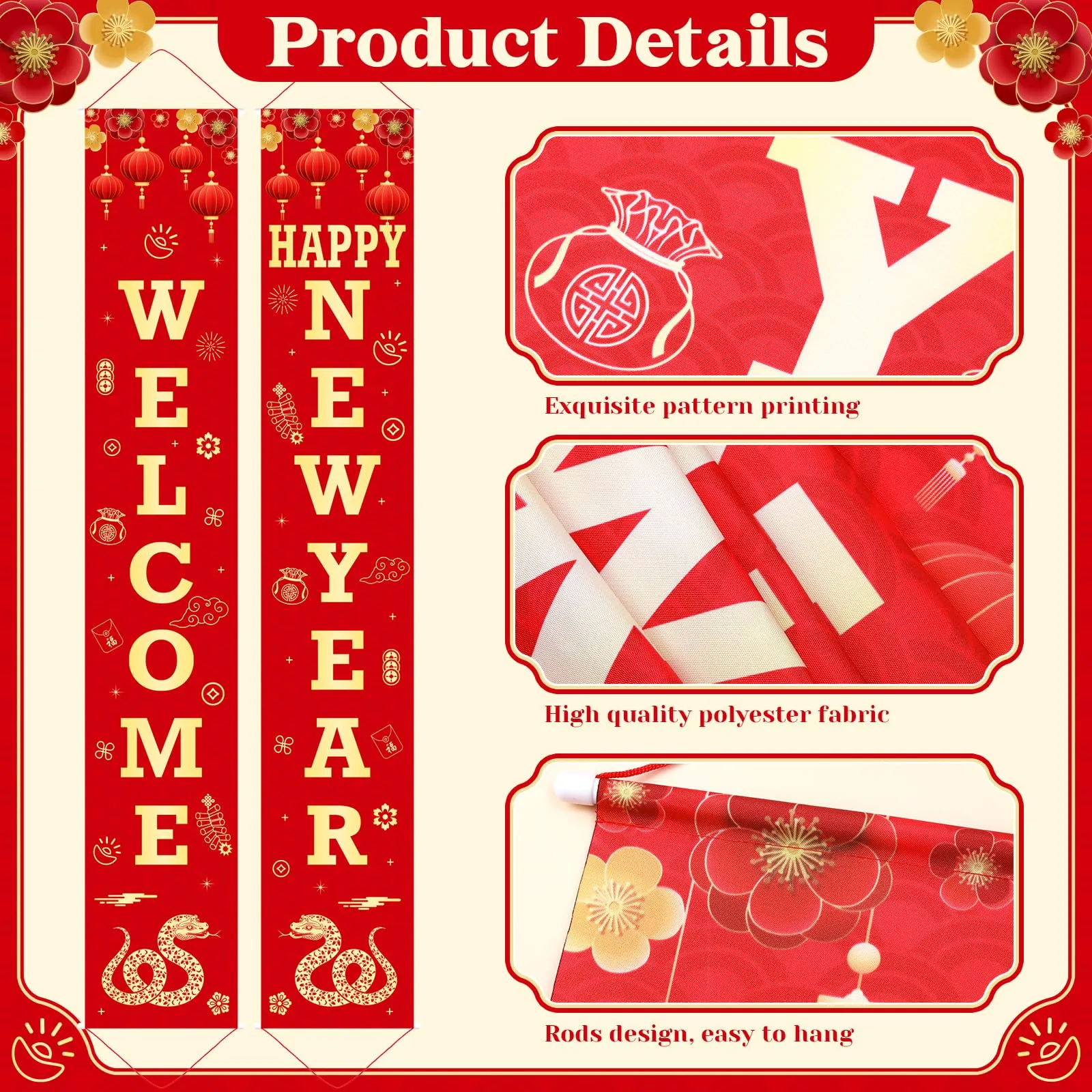 2025 Chinese New Year Decorations Set, Lunar New Year Decor Couplet Chunlian Fu Character New Year Porch Sign Window Decor Red Lanterns Red Envelope for Spring Home Office Festival Party Decorations