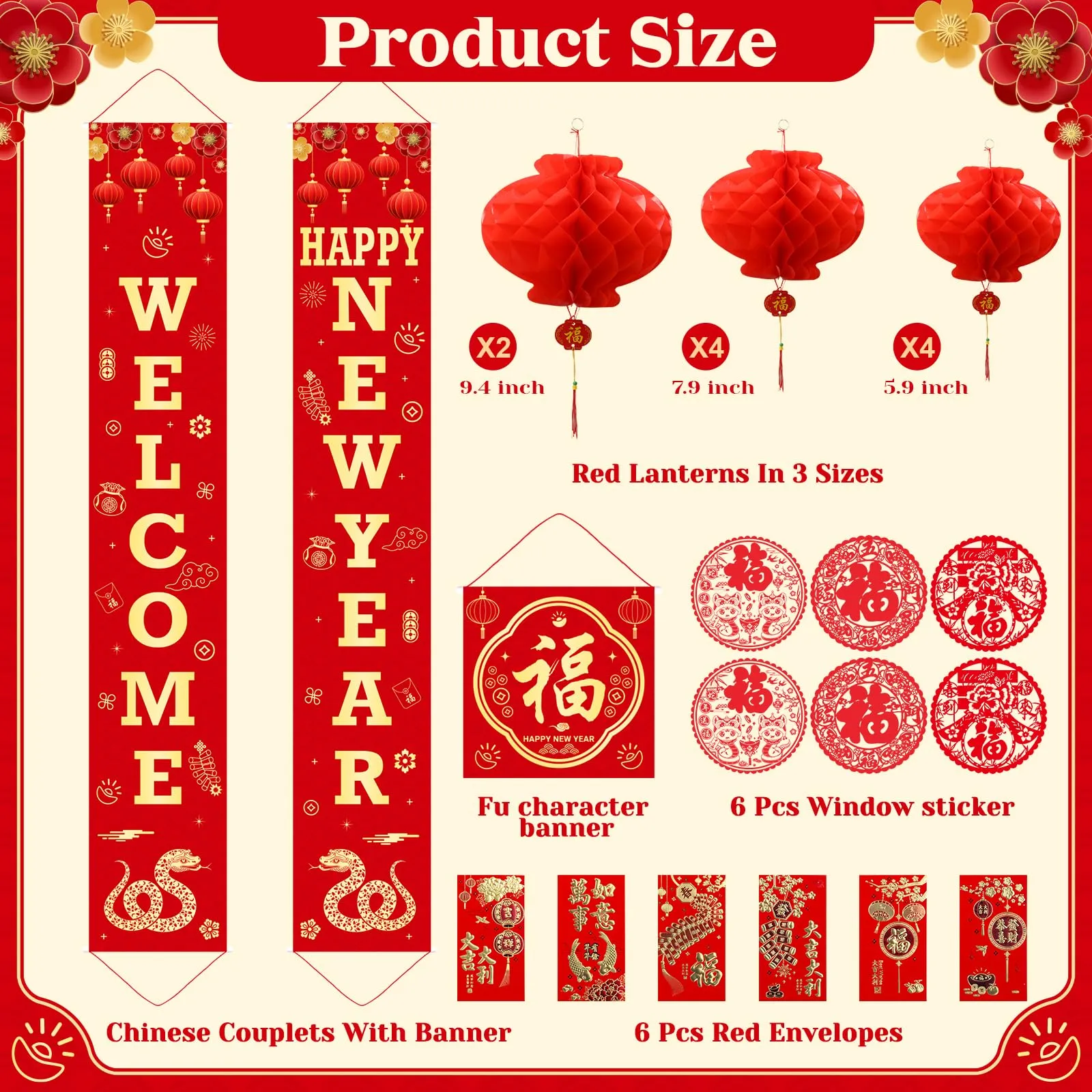 2025 Chinese New Year Decorations Set, Lunar New Year Decor Couplet Chunlian Fu Character New Year Porch Sign Window Decor Red Lanterns Red Envelope for Spring Home Office Festival Party Decorations