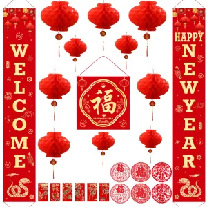 2025 Chinese New Year Decorations Set, Lunar New Year Decor Couplet Chunlian Fu Character New Year Porch Sign Window Decor Red Lanterns Red Envelope for Spring Home Office Festival Party Decorations