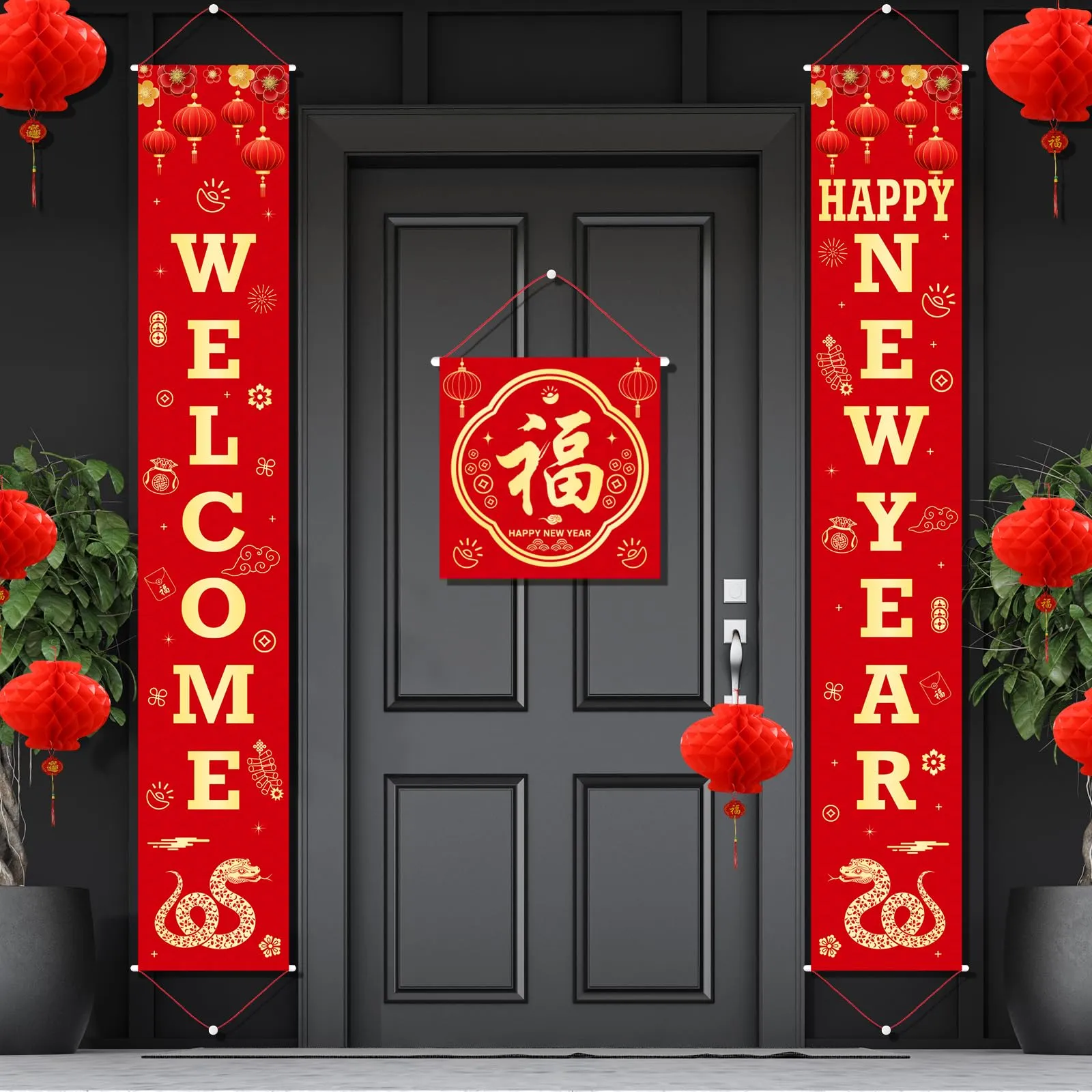 2025 Chinese New Year Decorations Set, Lunar New Year Decor Couplet Chunlian Fu Character New Year Porch Sign Window Decor Red Lanterns Red Envelope for Spring Home Office Festival Party Decorations