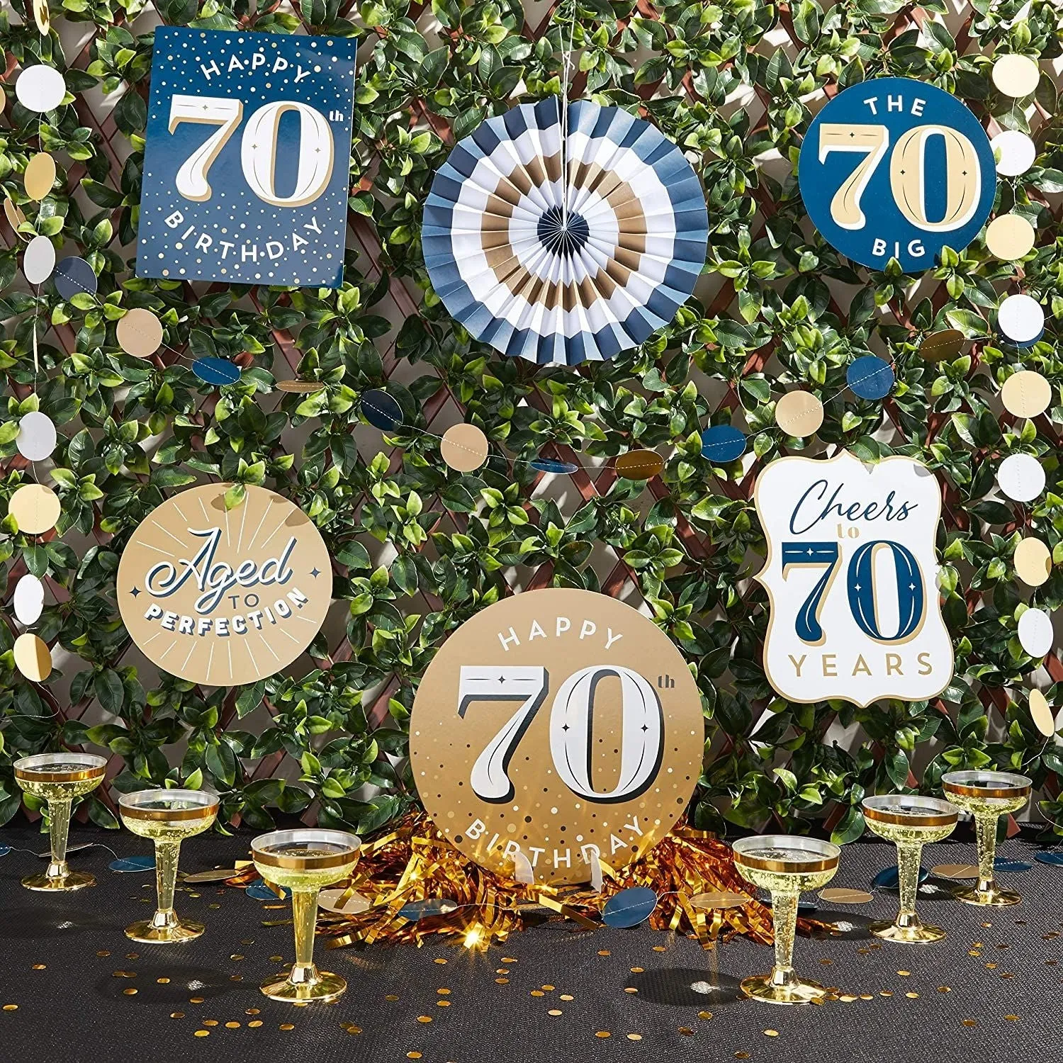 70th Birthday Party Supplies, Includes Table Centerpieces, Wall Sign, Ceiling Decorations and Confetti String (12 Pieces)