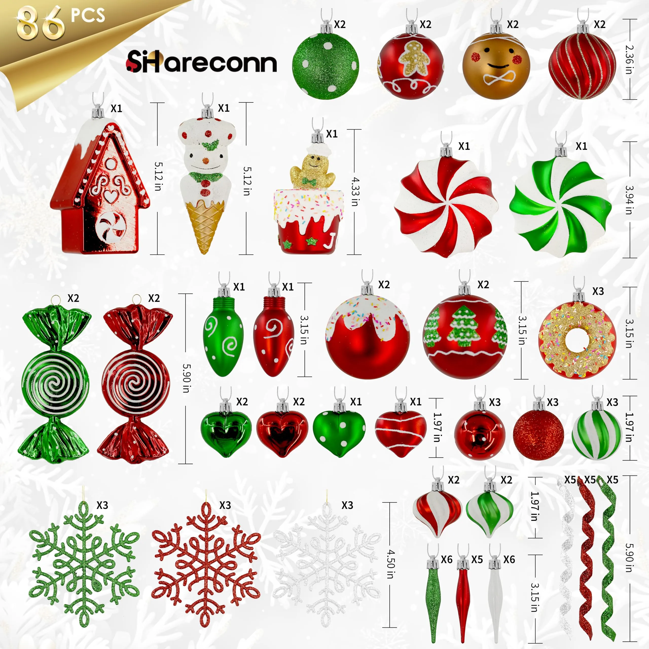 86pcs Red and Green, White Christmas Tree Ball Decorations