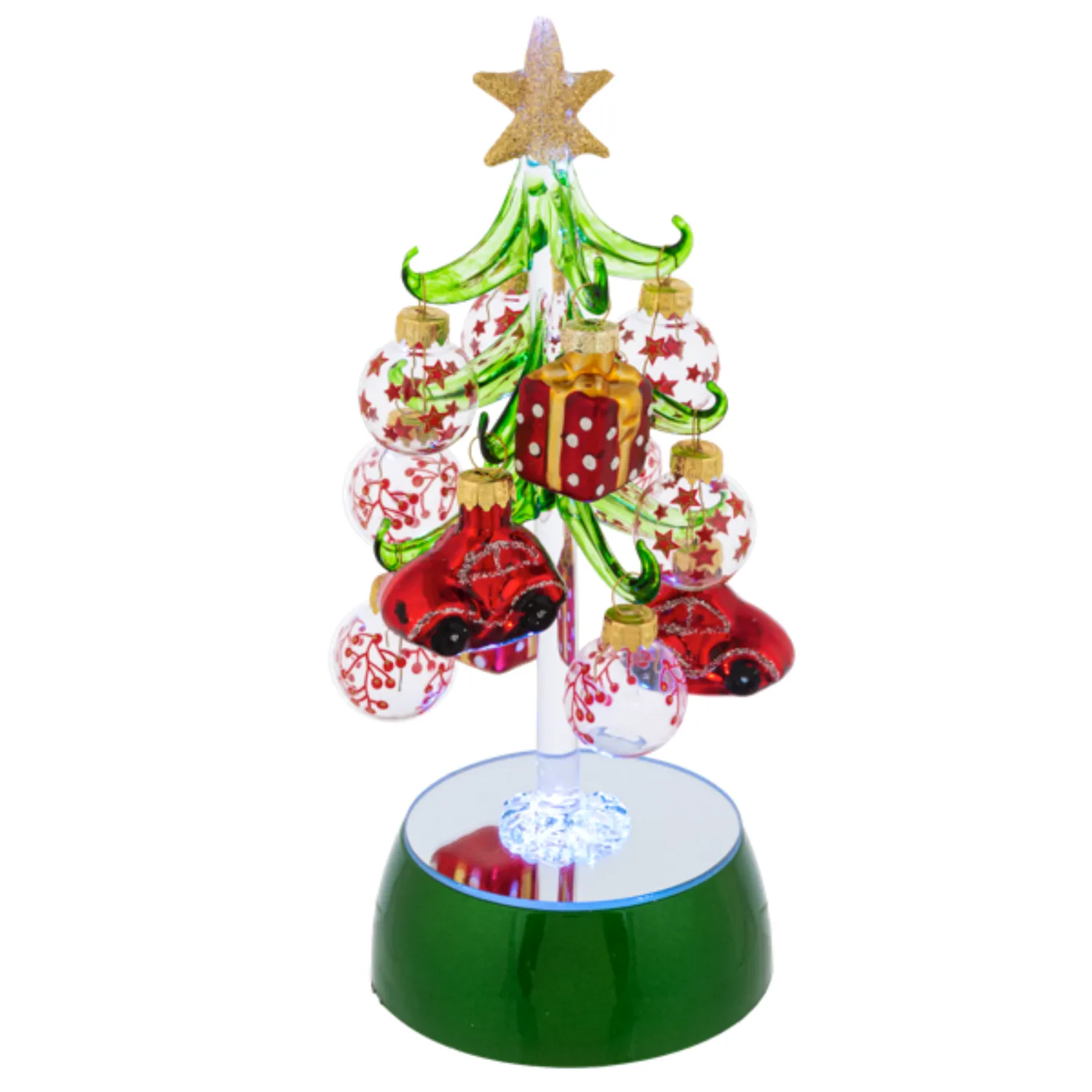 8" Light Up Glass Christmas Tree on Green Base with 12 Ornaments