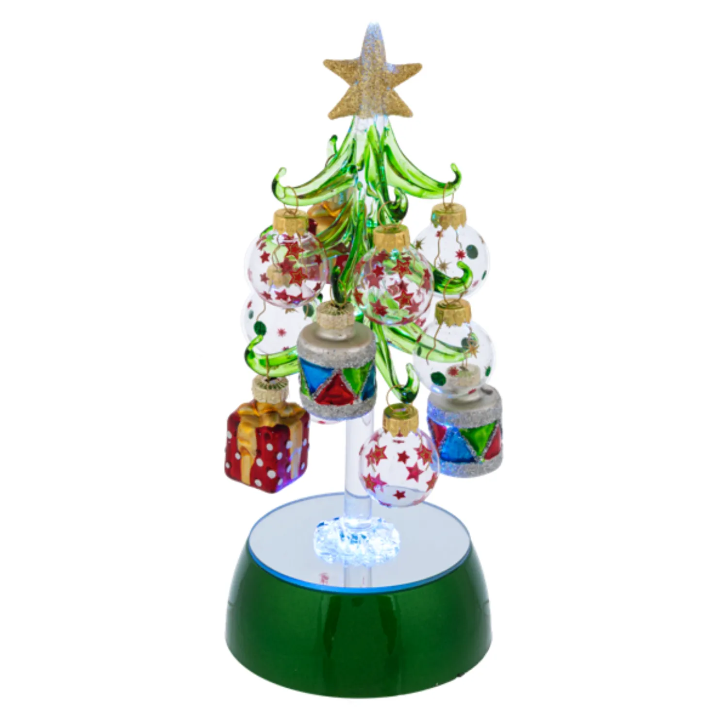 8" Light Up Glass Christmas Tree on Green Base with 12 Ornaments