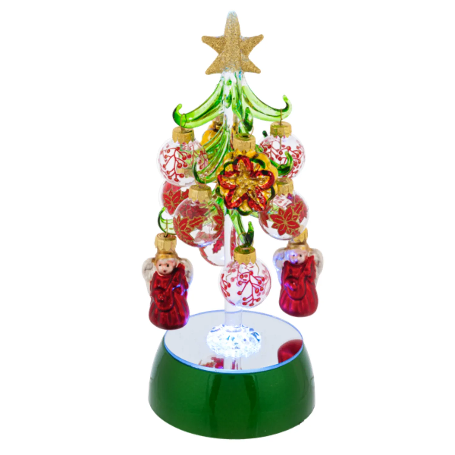 8" Light Up Glass Christmas Tree on Green Base with 12 Ornaments