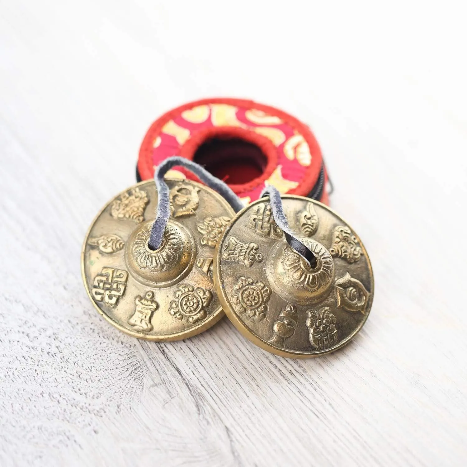 Auspicious Symbols Tingshas with Brocade Case