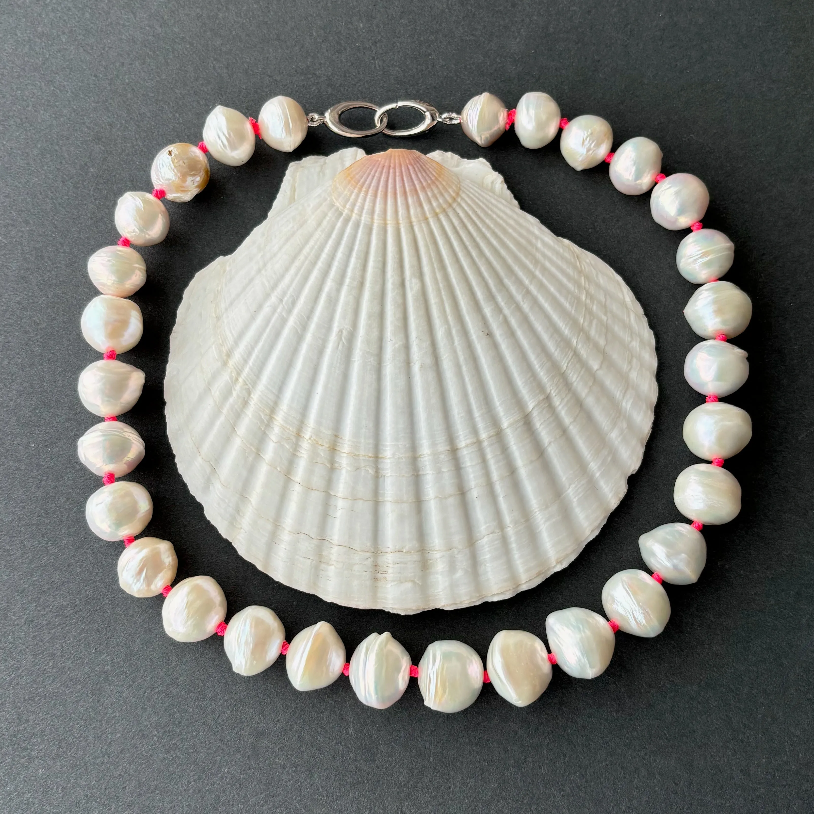 banded white "saucer" pearls on neon knots