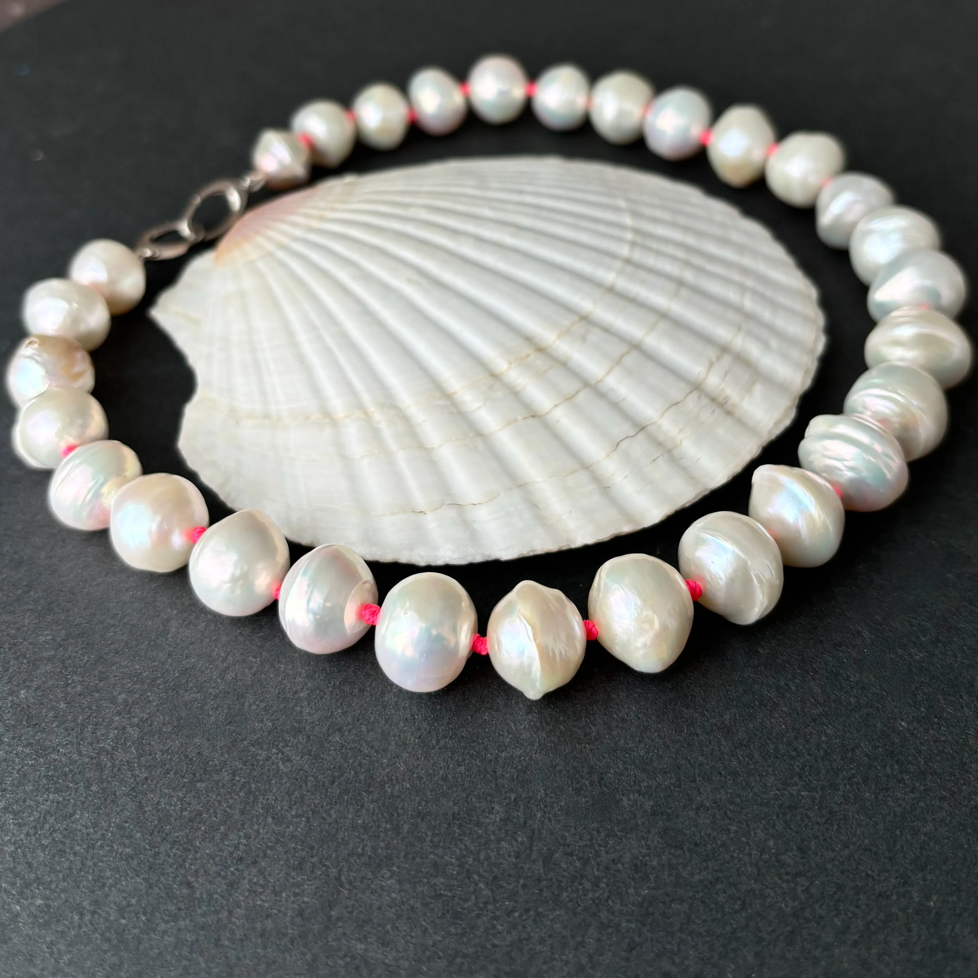 banded white "saucer" pearls on neon knots