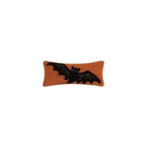 Black Bat on Orange Background Hooked Wool 12" x 5" Halloween Pillow