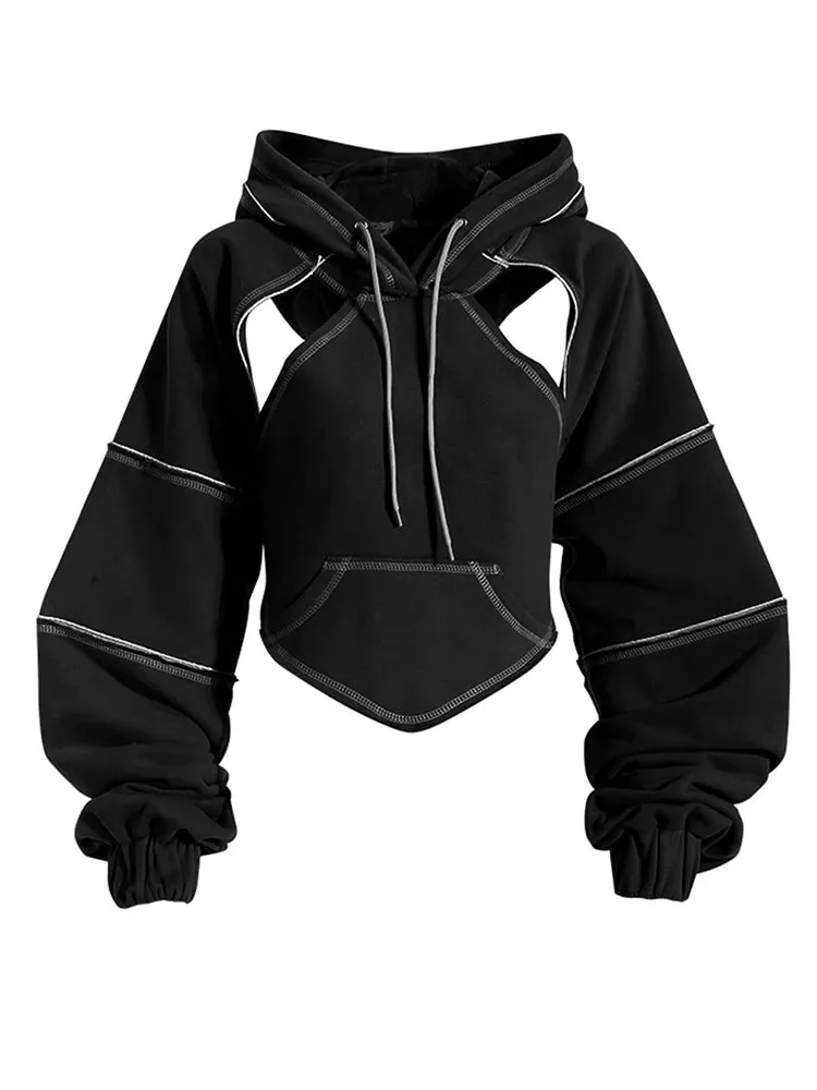 Black Cut Out Casual Track  Trendy Hoodie Sweater