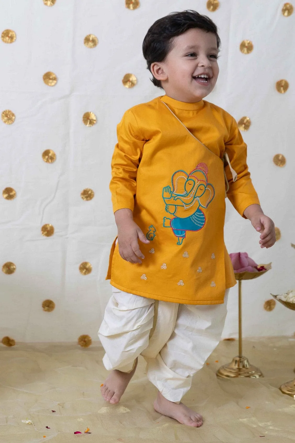 Boy Ganesha Embroidered Cotton Dhoti Kurta Set - Yellow