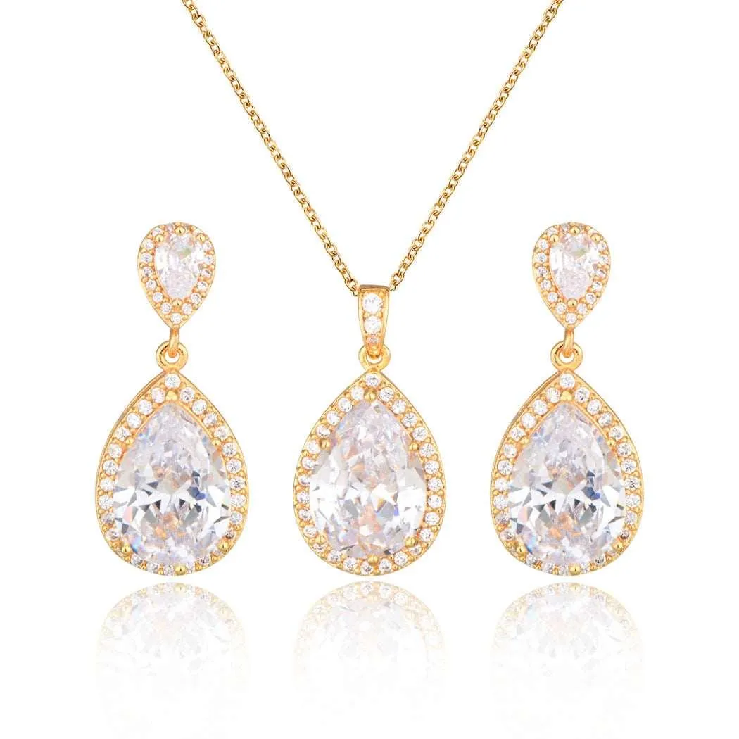 Bright Big Zircon Water Drops Necklace Eardrops Suit Bride Wedding Jewelry Simple Graceful