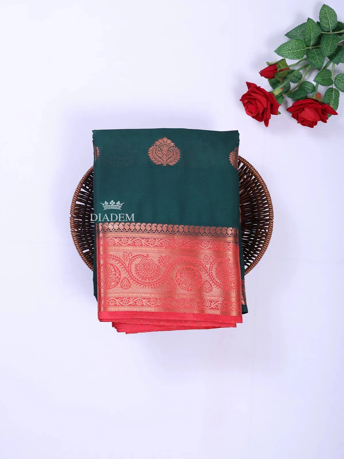 Dark Green Art Silk Saree with Zari Butta on the body and Contrast Zari Border