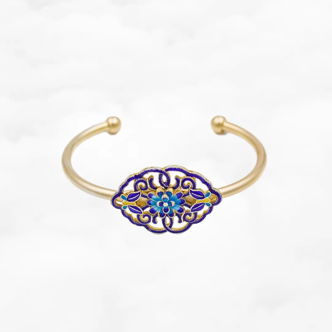 Enamel Auspicious Clouds Lotus Cuff Bangle Bracelet