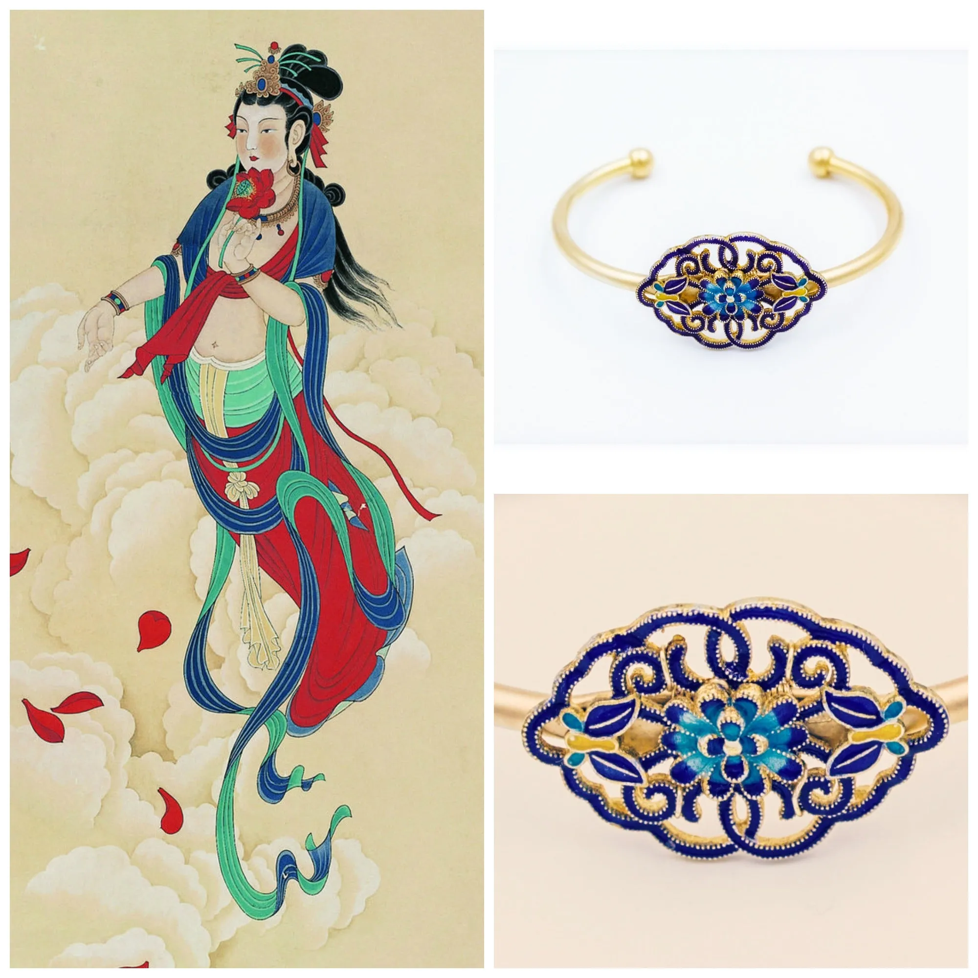 Enamel Auspicious Clouds Lotus Cuff Bangle Bracelet