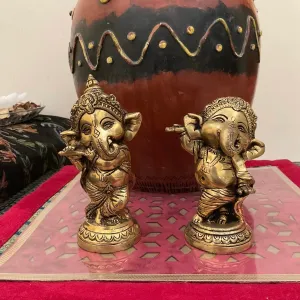 Flute And Dancing Baby Ganesh Brass Idol (Set of 2)