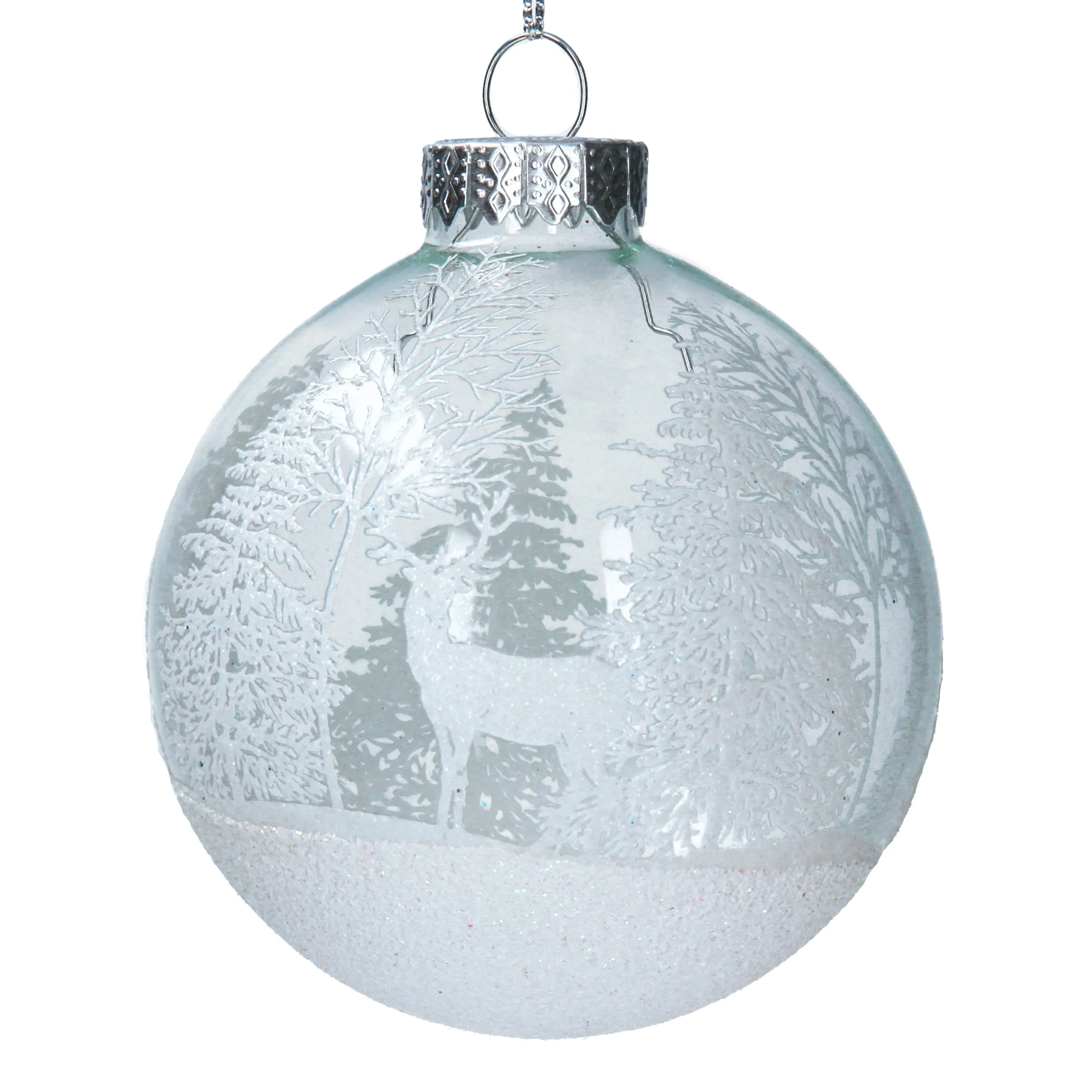 Gisela Graham Clear Glass Blue Bauble with White Trees & Stag Design