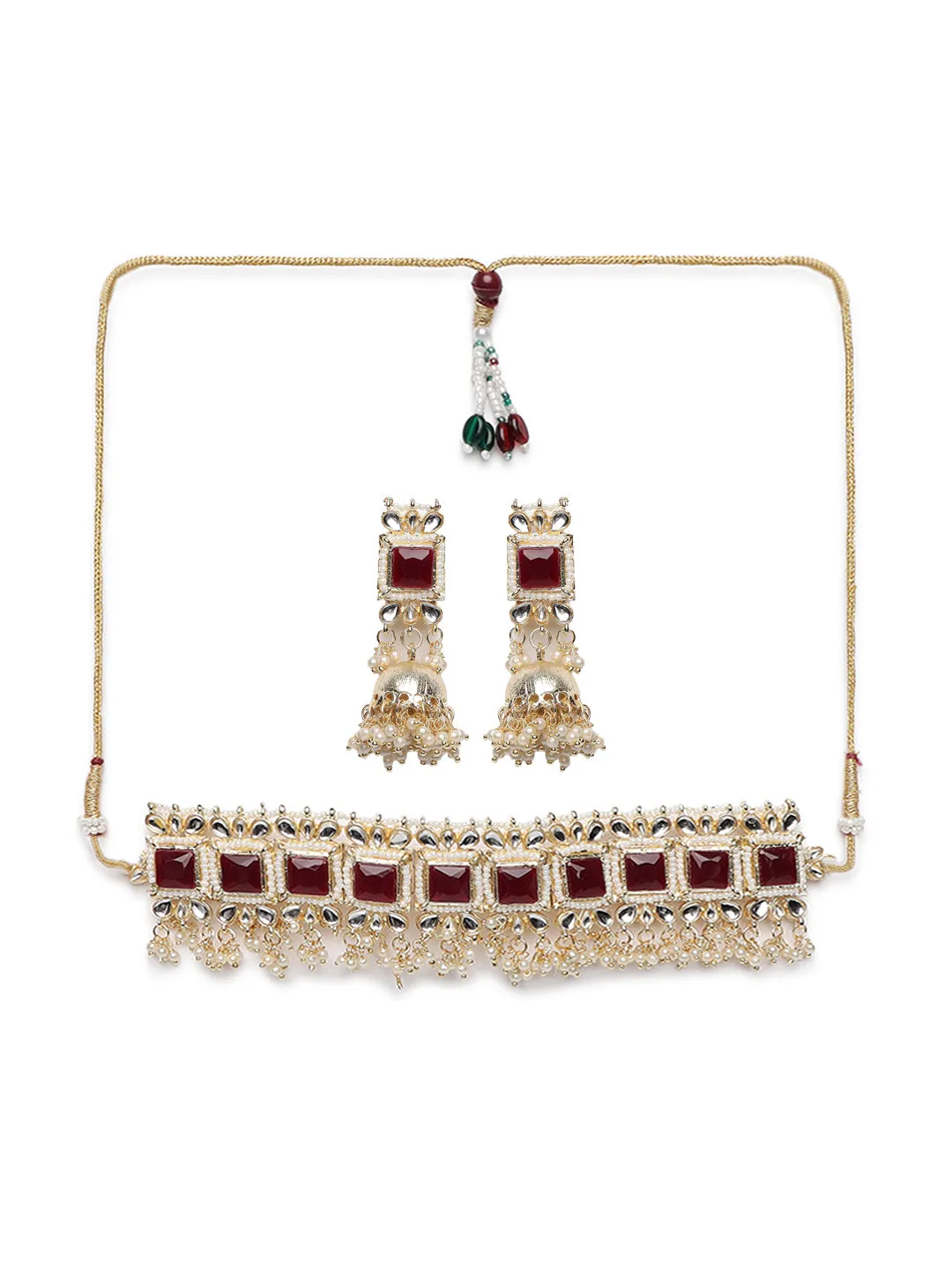 Gold-Plated Maroon & White Kundan Studded Handcrafted Jewellery Set