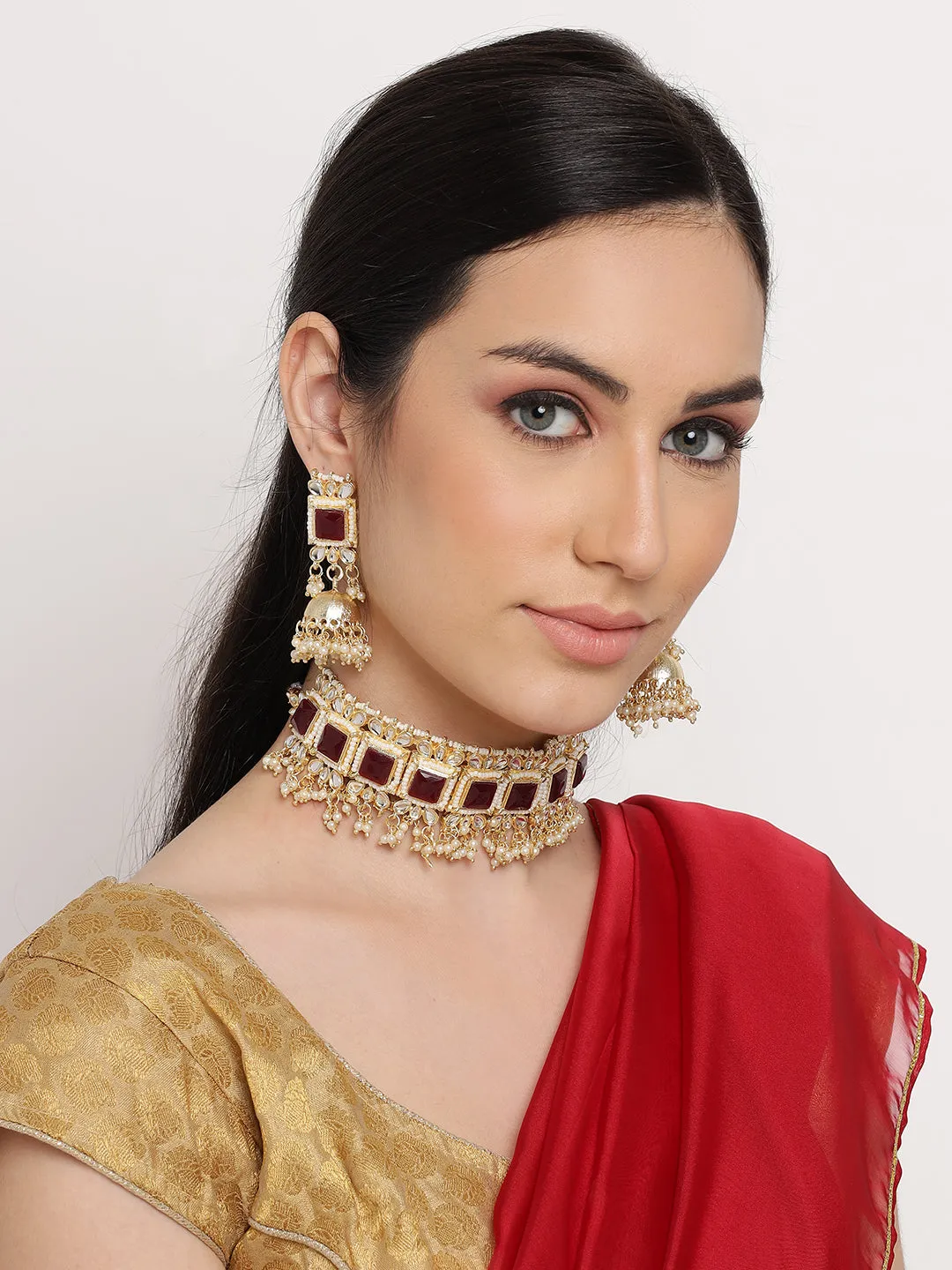 Gold-Plated Maroon & White Kundan Studded Handcrafted Jewellery Set