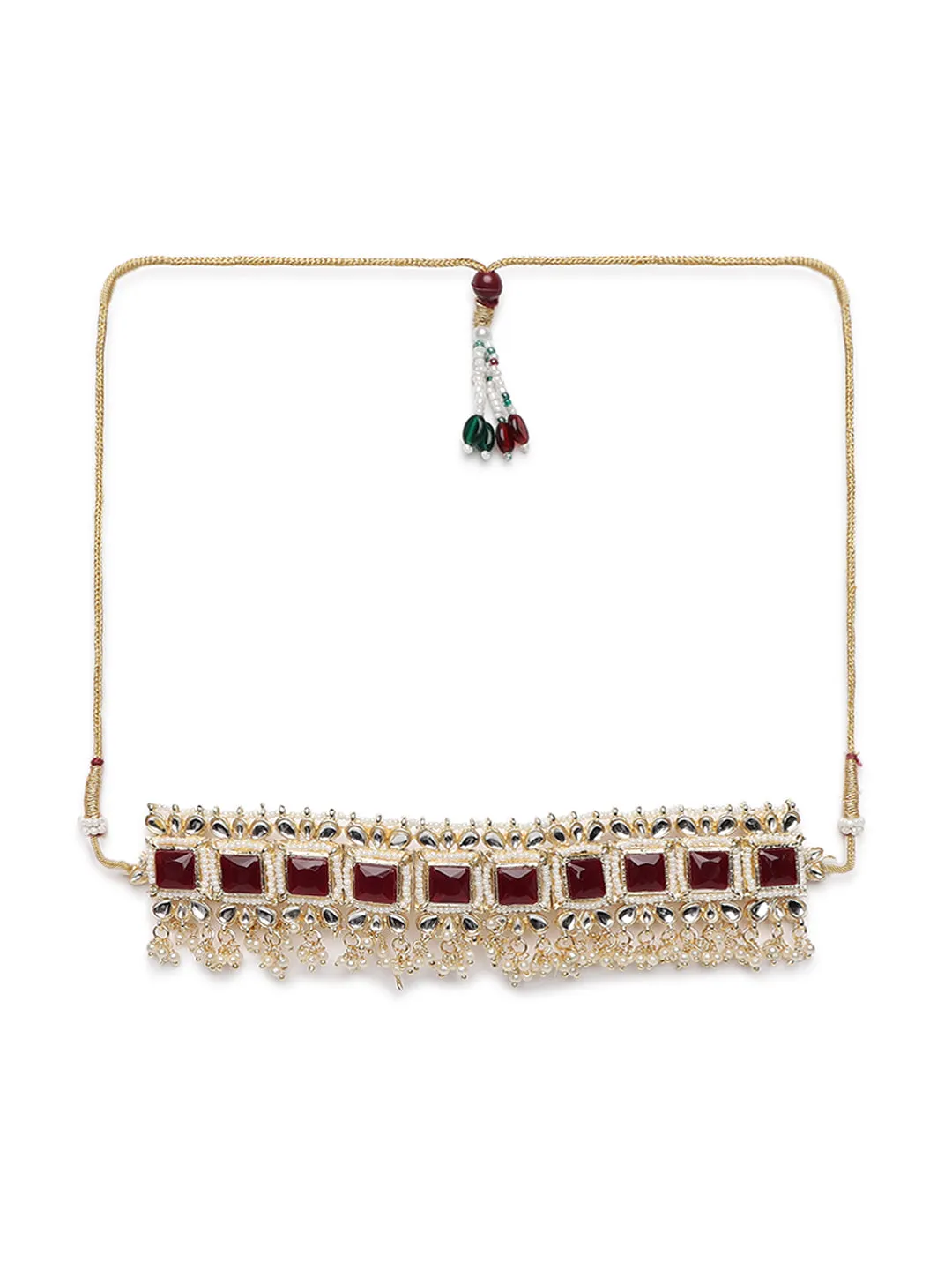 Gold-Plated Maroon & White Kundan Studded Handcrafted Jewellery Set