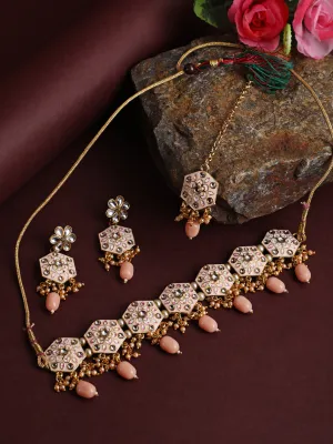 Gold-Plated Peach & Pink Meenakari Jewellery Set With Maangtika