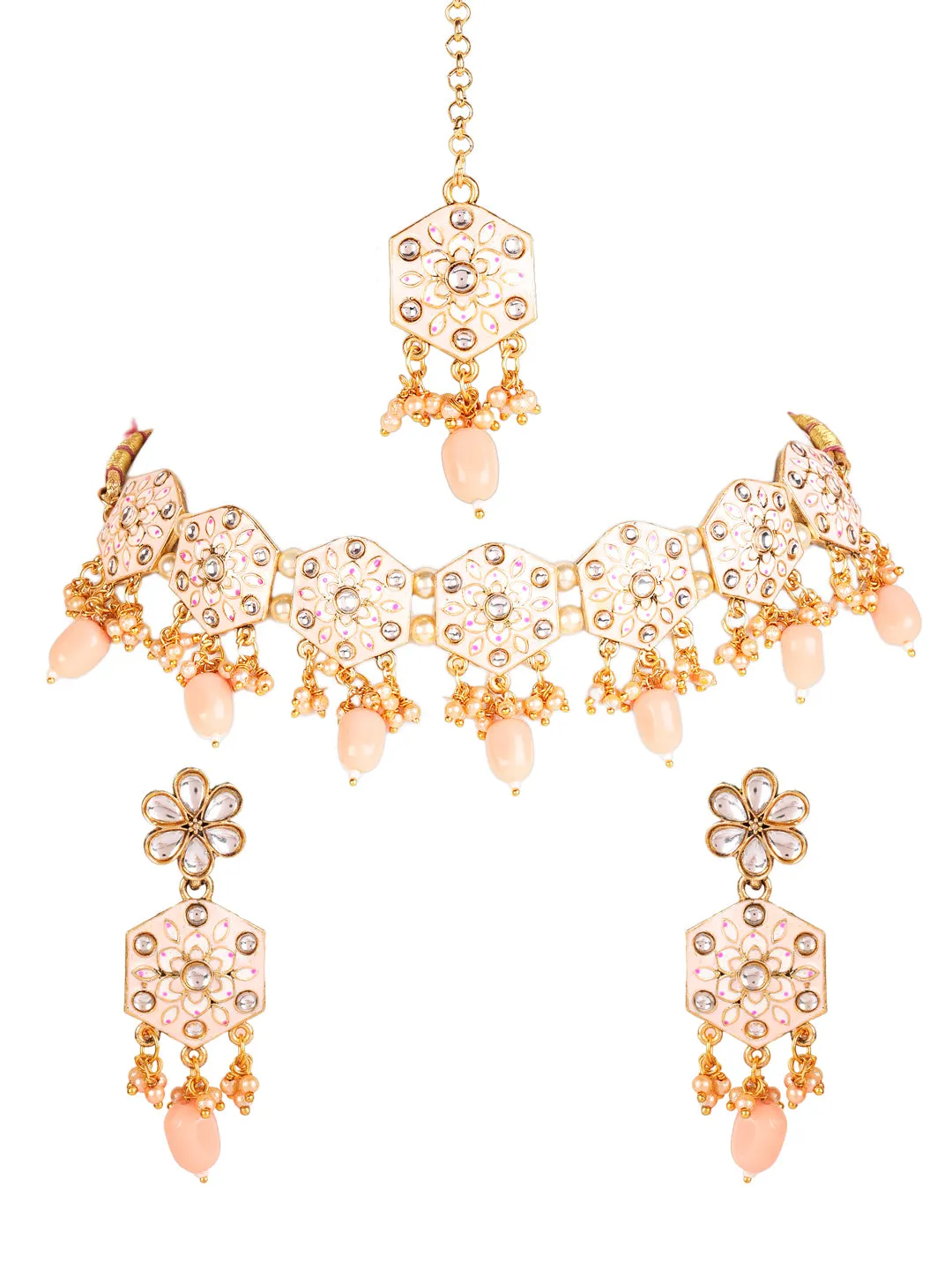 Gold-Plated Peach & Pink Meenakari Jewellery Set With Maangtika