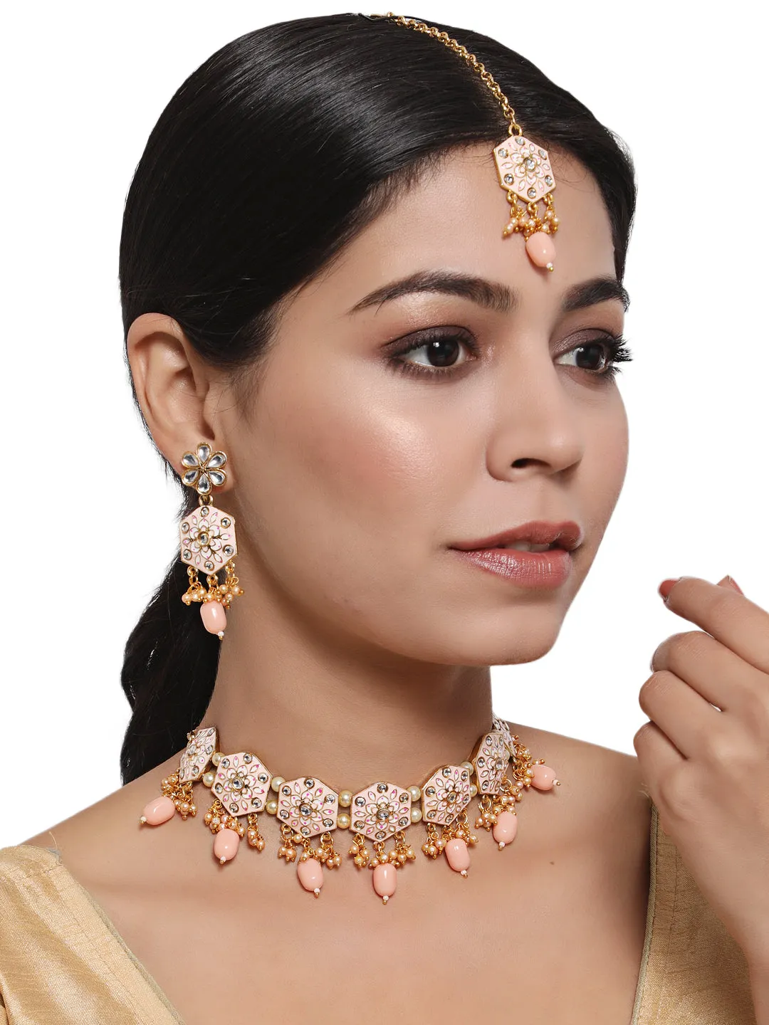 Gold-Plated Peach & Pink Meenakari Jewellery Set With Maangtika