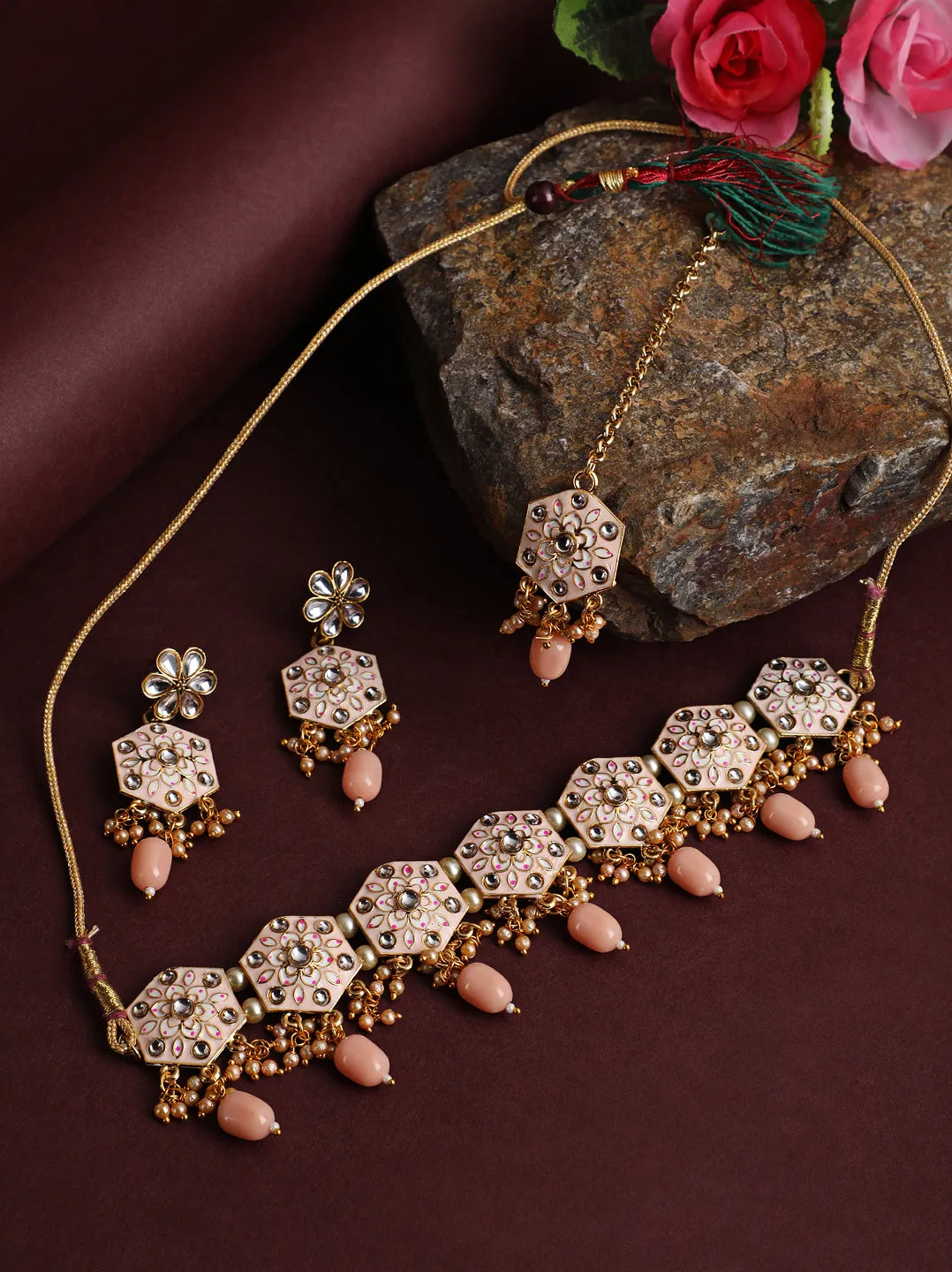 Gold-Plated Peach & Pink Meenakari Jewellery Set With Maangtika