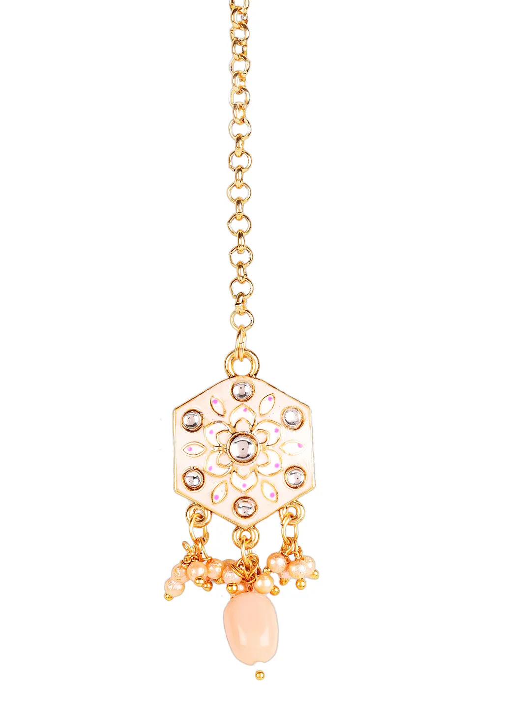 Gold-Plated Peach & Pink Meenakari Jewellery Set With Maangtika