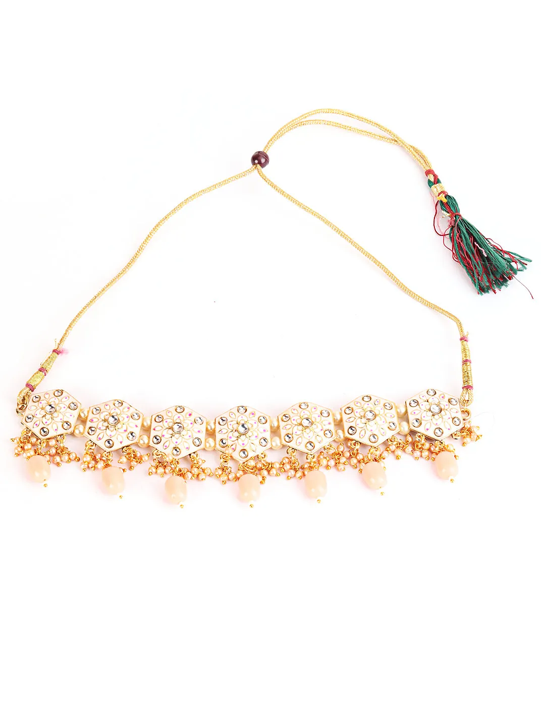 Gold-Plated Peach & Pink Meenakari Jewellery Set With Maangtika