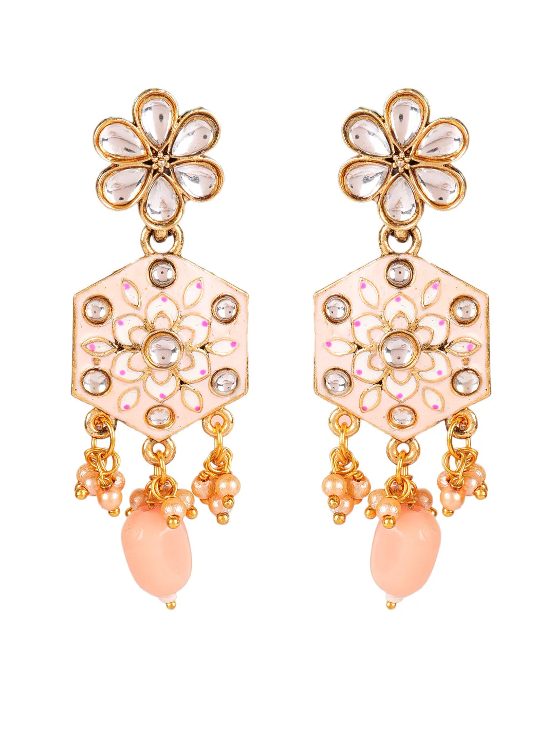 Gold-Plated Peach & Pink Meenakari Jewellery Set With Maangtika