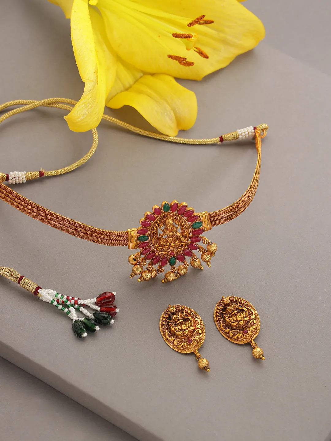 Gold-Plated Pink & Green Stone-Studded & Beaded Handcrafted Jewellery Set