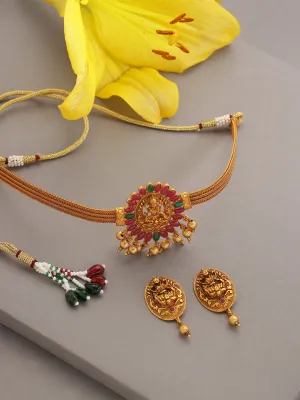 Gold-Plated Pink & Green Stone-Studded & Beaded Handcrafted Jewellery Set