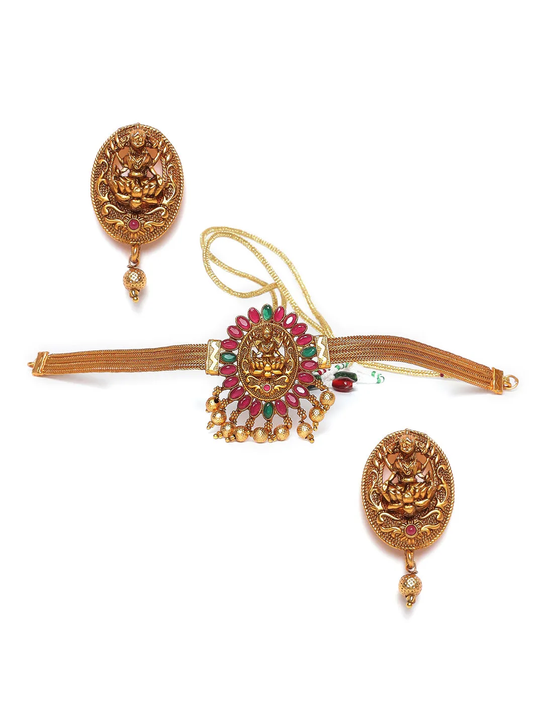 Gold-Plated Pink & Green Stone-Studded & Beaded Handcrafted Jewellery Set