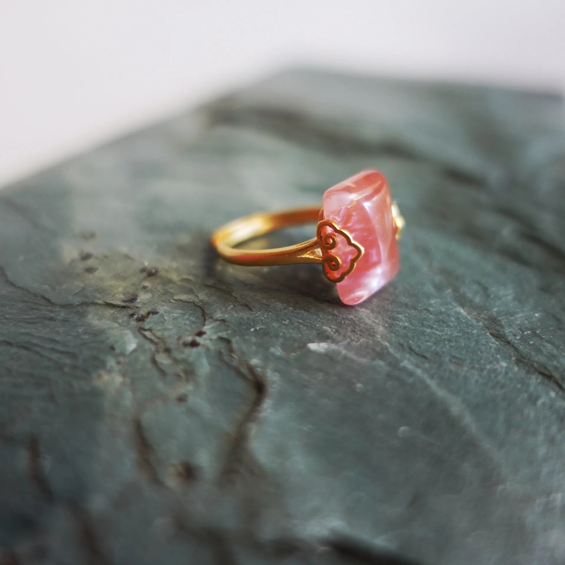 Gold Rectangle Cherry Quartz Ring