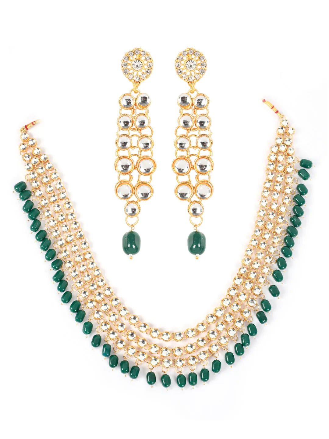 Green Gold-Plated Bridal Kundan Layered Jewellery Set