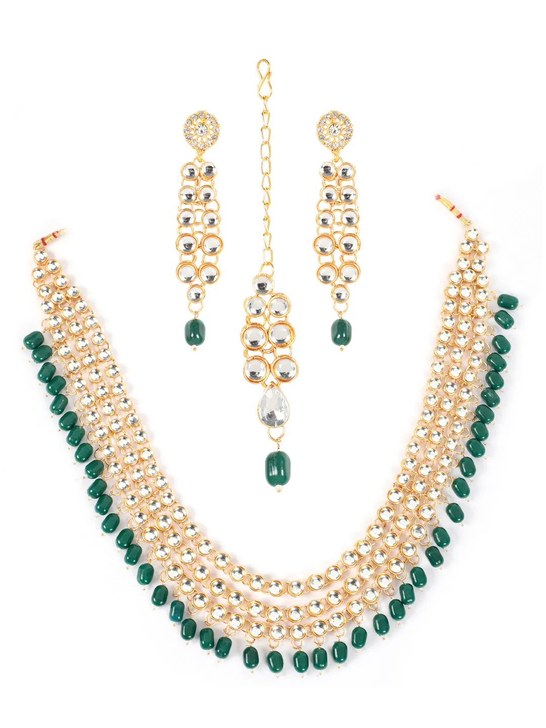 Green Gold-Plated Bridal Kundan Layered Jewellery Set