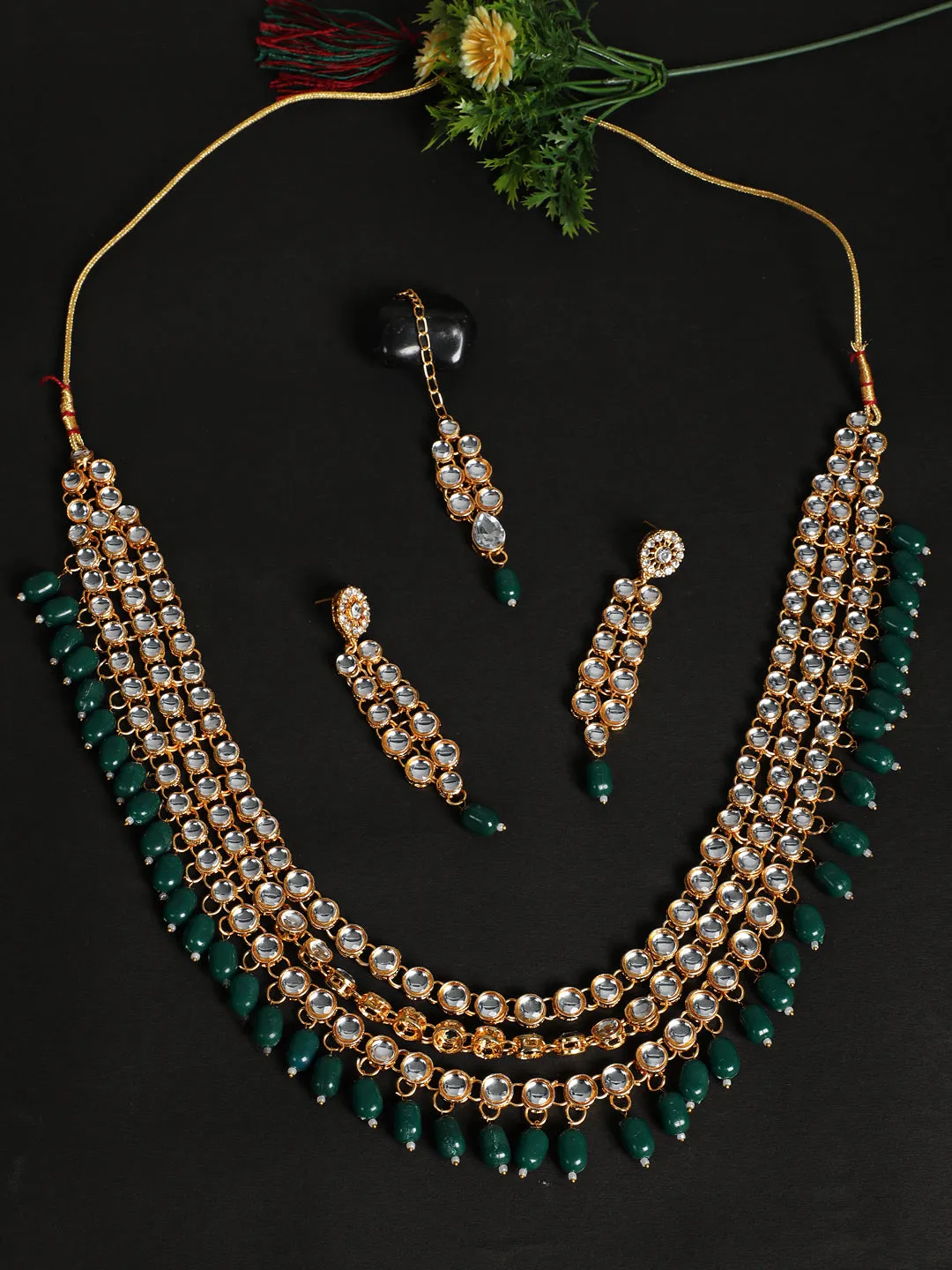 Green Gold-Plated Bridal Kundan Layered Jewellery Set