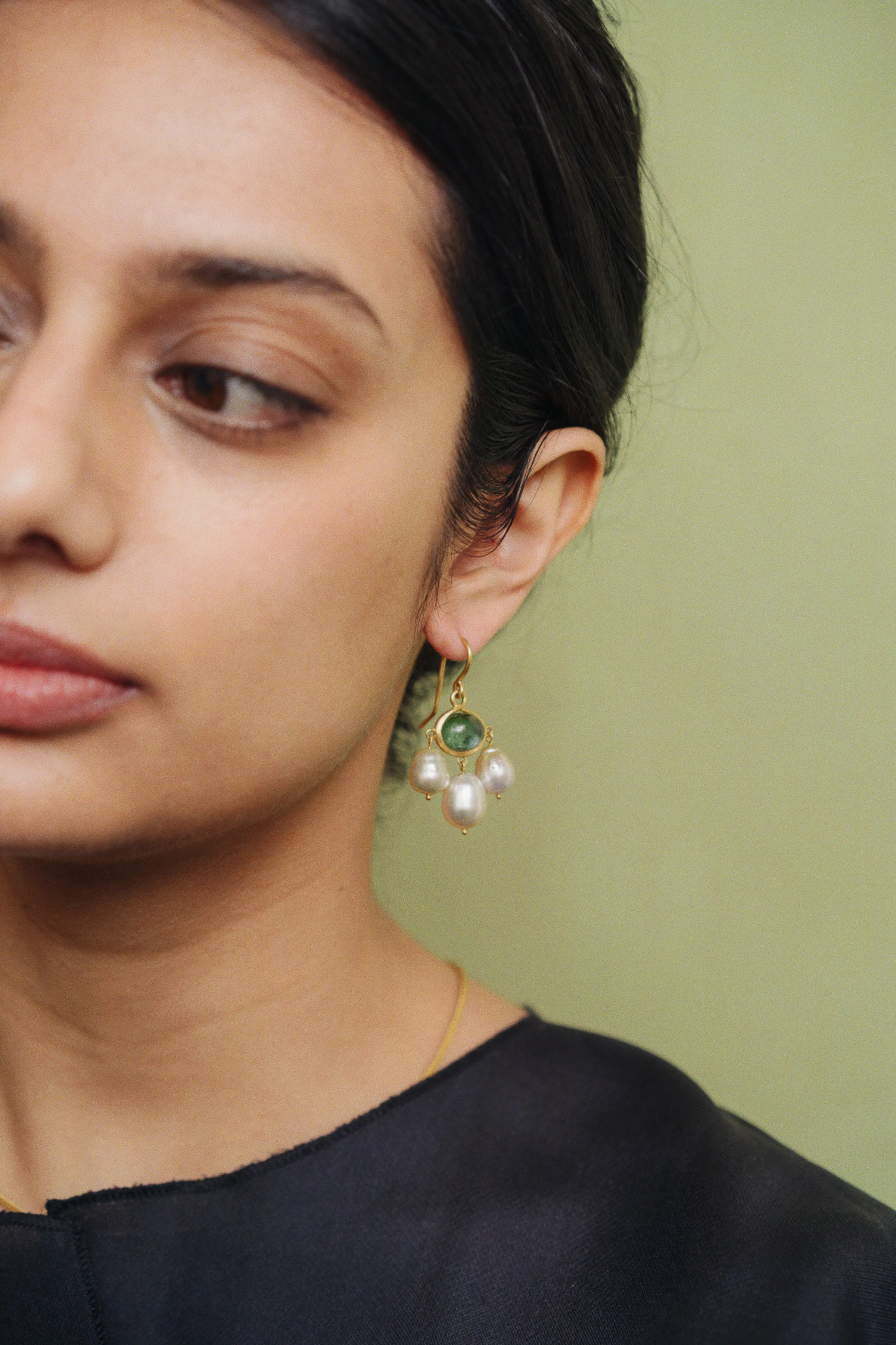 Green Tourmaline and Golden South Sea Pearl Unda Hook Earrings