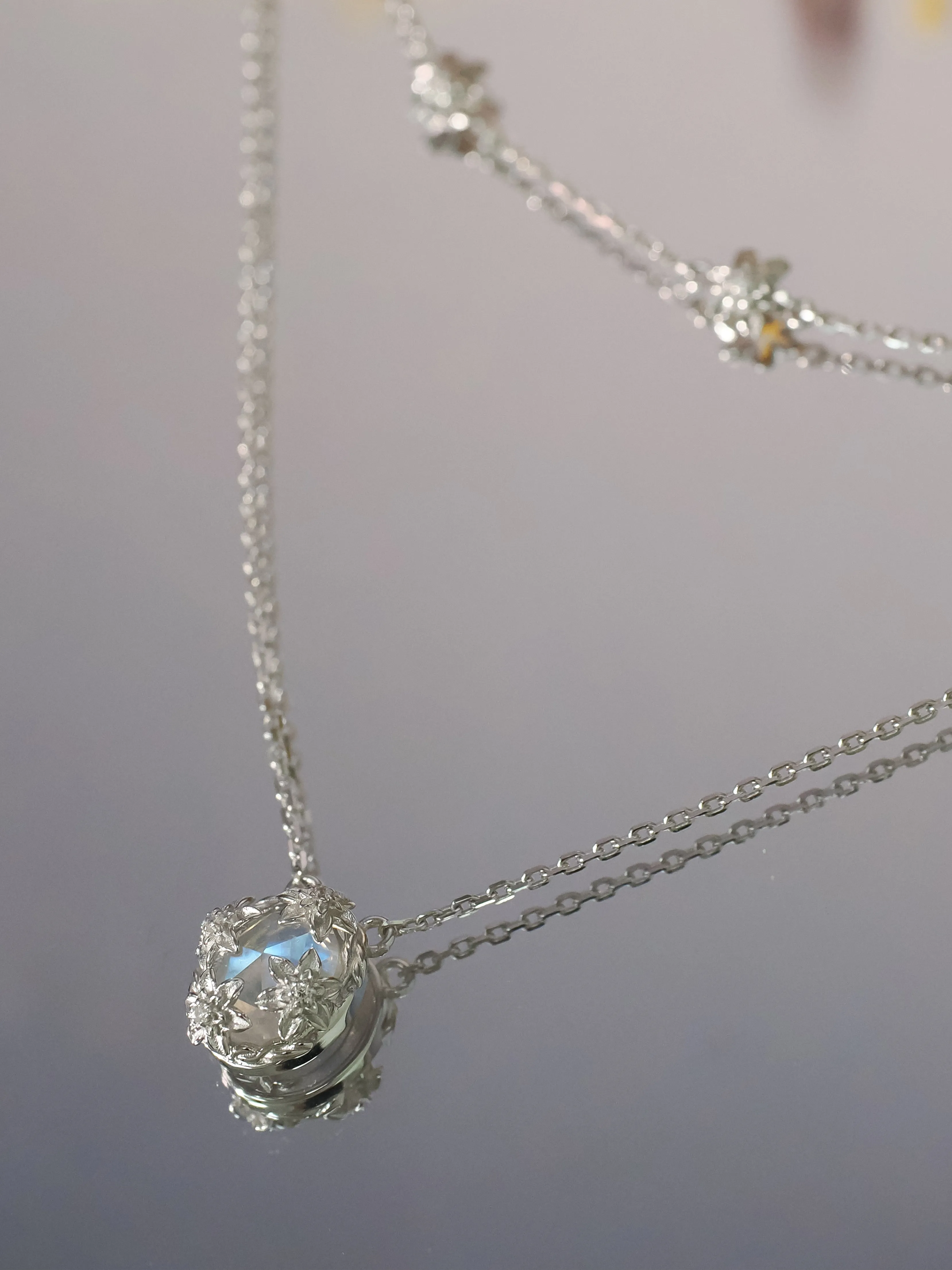 Moonstone Silver Floral Layered Necklace - Daffodil