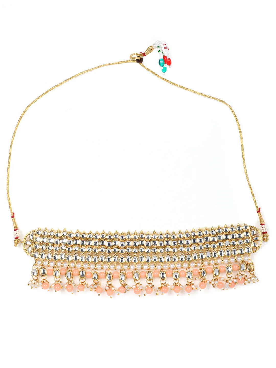 Peach & White Gold-Plated Kundan Studded & Beaded Handcrafted Jewellery Set