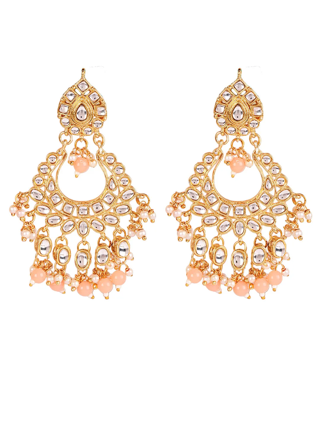 Peach & White Gold-Plated Kundan Studded & Beaded Handcrafted Jewellery Set