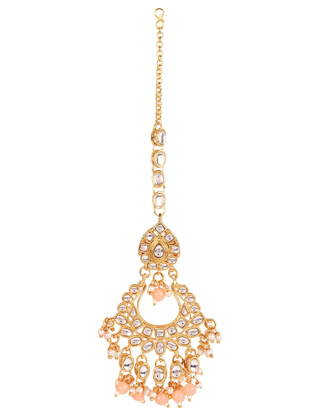 Peach & White Gold-Plated Kundan Studded & Beaded Handcrafted Jewellery Set