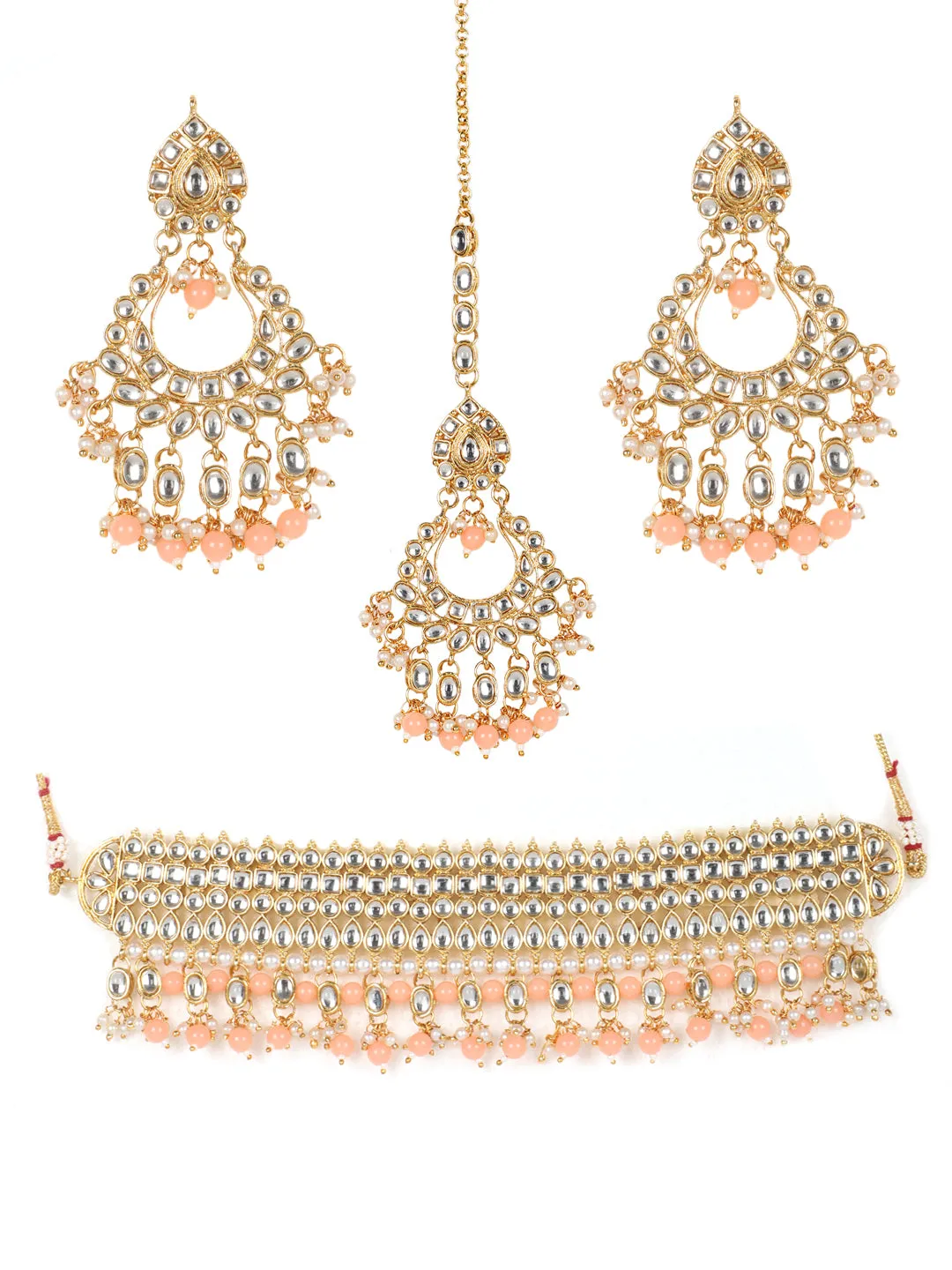 Peach & White Gold-Plated Kundan Studded & Beaded Handcrafted Jewellery Set