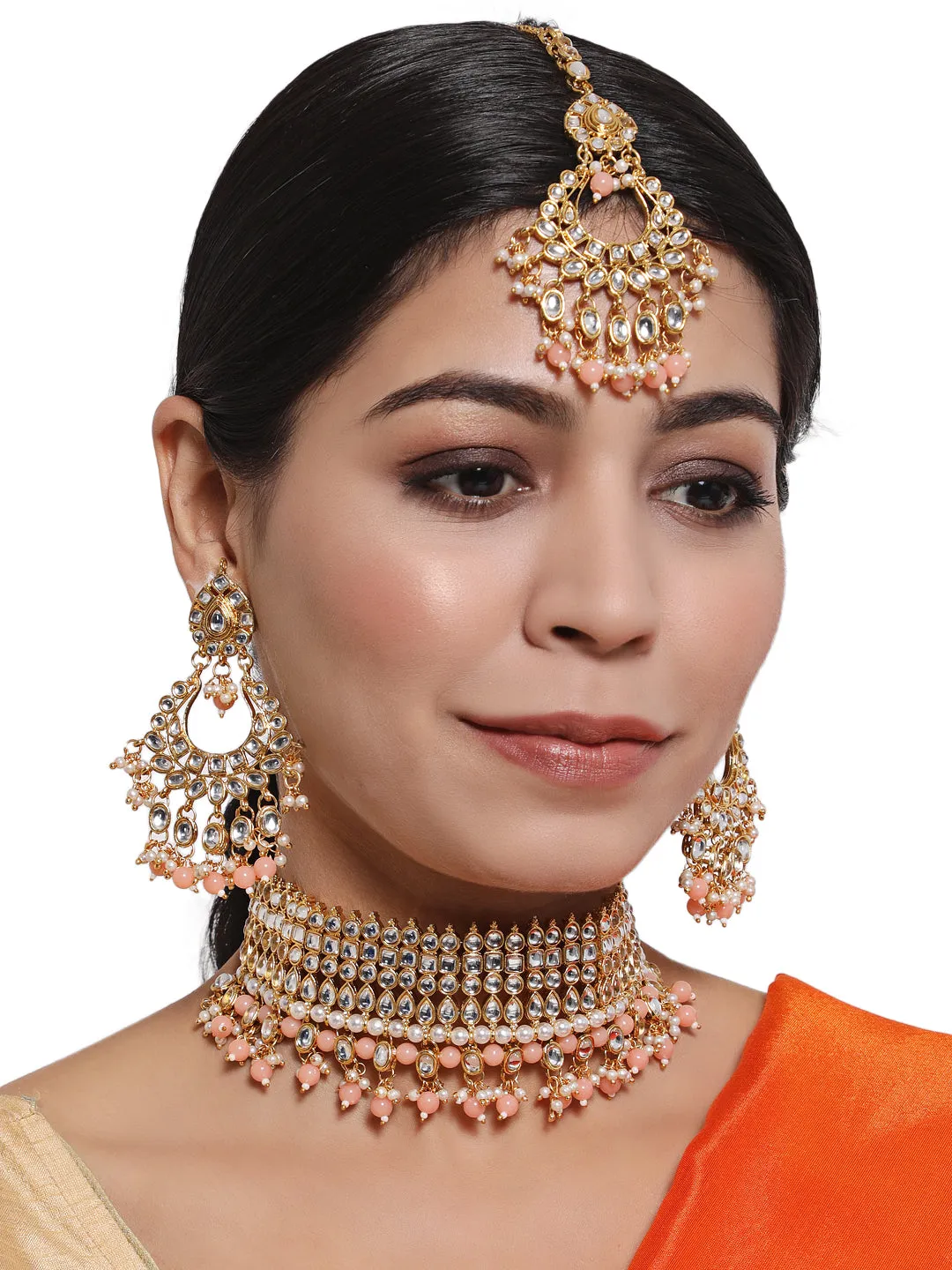 Peach & White Gold-Plated Kundan Studded & Beaded Handcrafted Jewellery Set