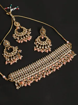 Peach & White Gold-Plated Kundan Studded & Beaded Handcrafted Jewellery Set