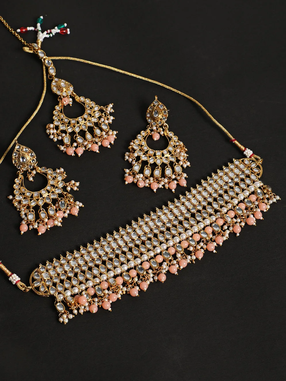 Peach & White Gold-Plated Kundan Studded & Beaded Handcrafted Jewellery Set