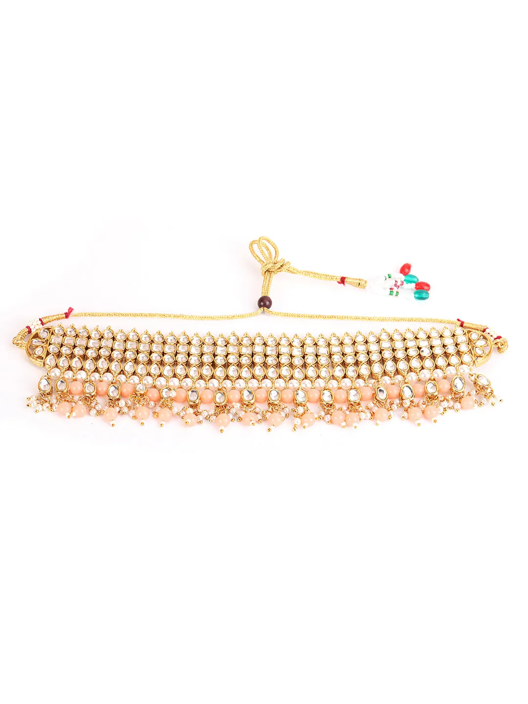 Peach & White Gold-Plated Kundan Studded & Beaded Handcrafted Jewellery Set