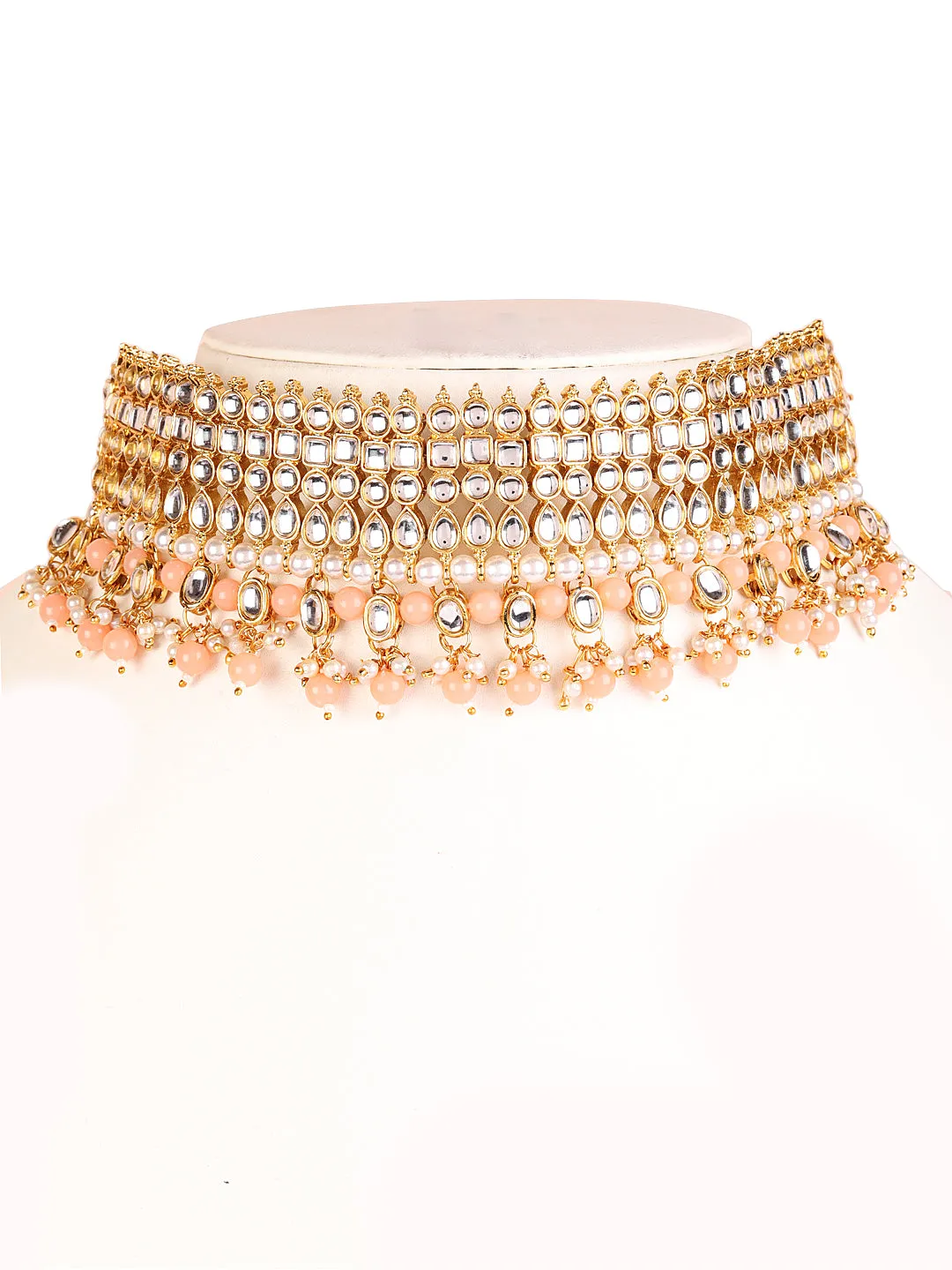 Peach & White Gold-Plated Kundan Studded & Beaded Handcrafted Jewellery Set